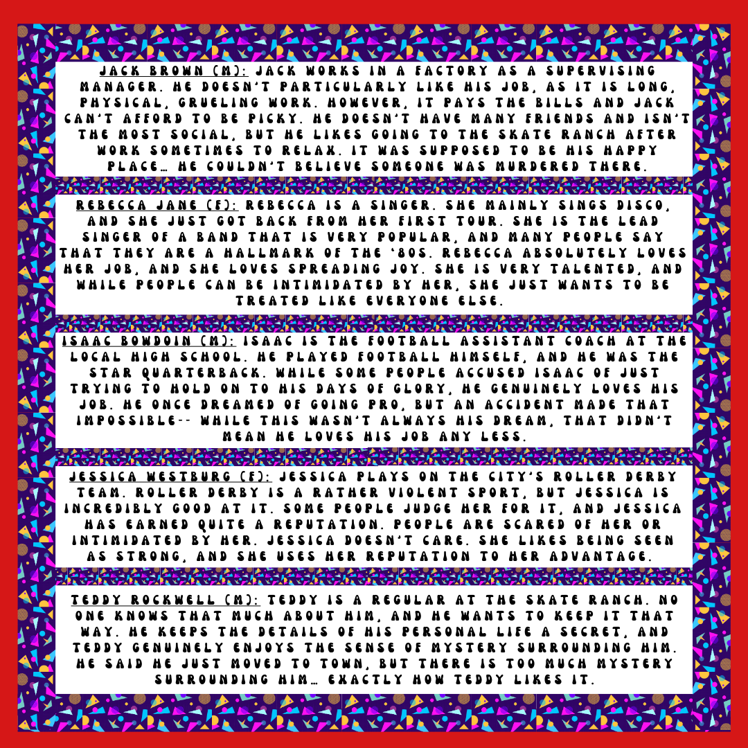 A list of five sample characters for the 1980s Roller Rink Murder Mystery Game with a retro geometric border and red background.