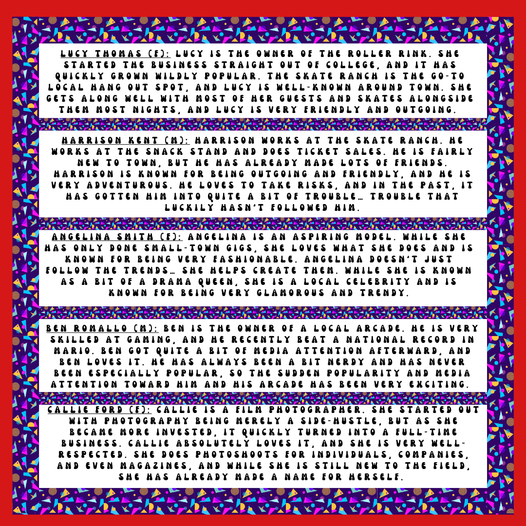 A list of five sample characters for the 1980s Roller Rink Murder Mystery Game with a retro geometric border and red background.