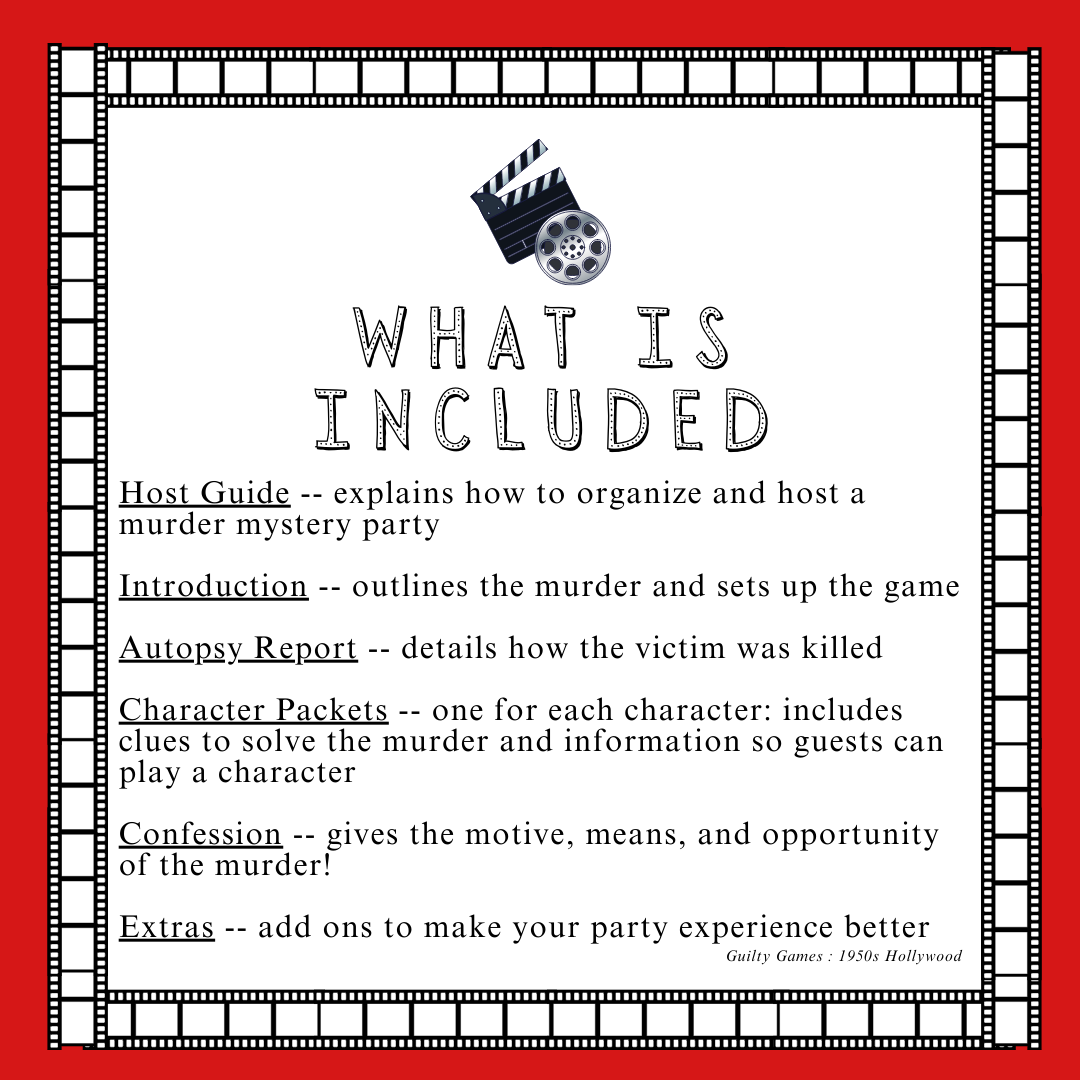 1950s Hollywood Murder Mystery Game - digital files delivered via email - Guilty Games