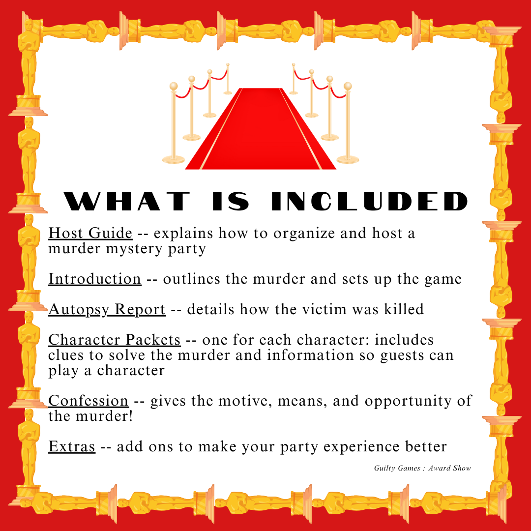 a red carpet with gold pole surrounding it with red background, oscar award border and "what is included" text