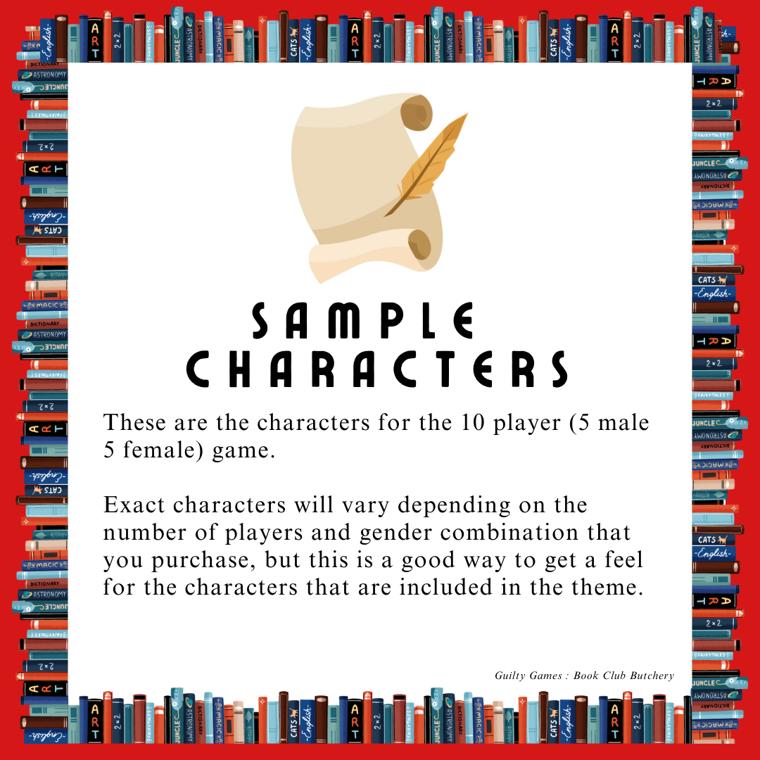 a scroll with quill on top of text describing sample characters with a book border and red background