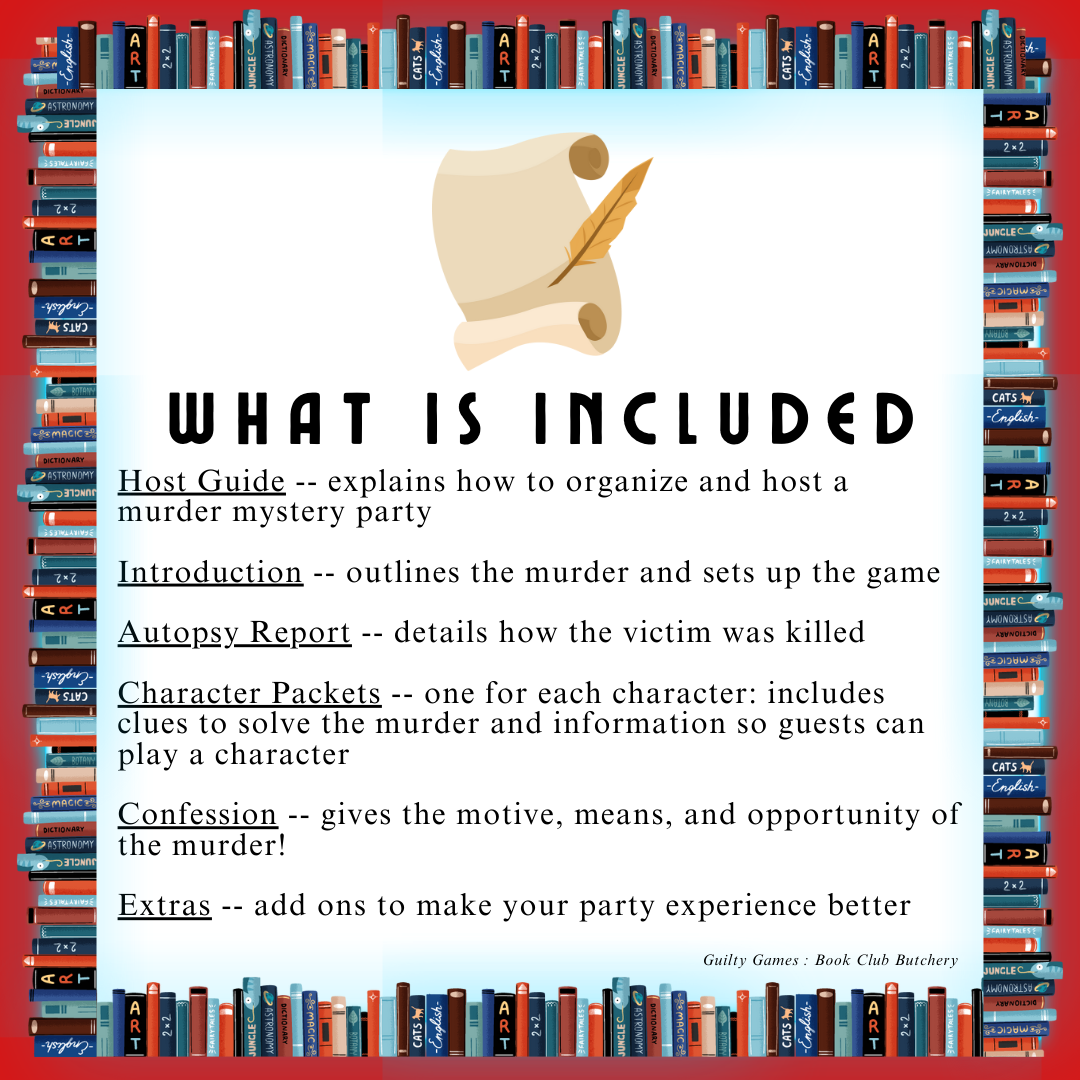 a scroll and quill above text explaining what is included in your murder mystery party game with a book border and red background
