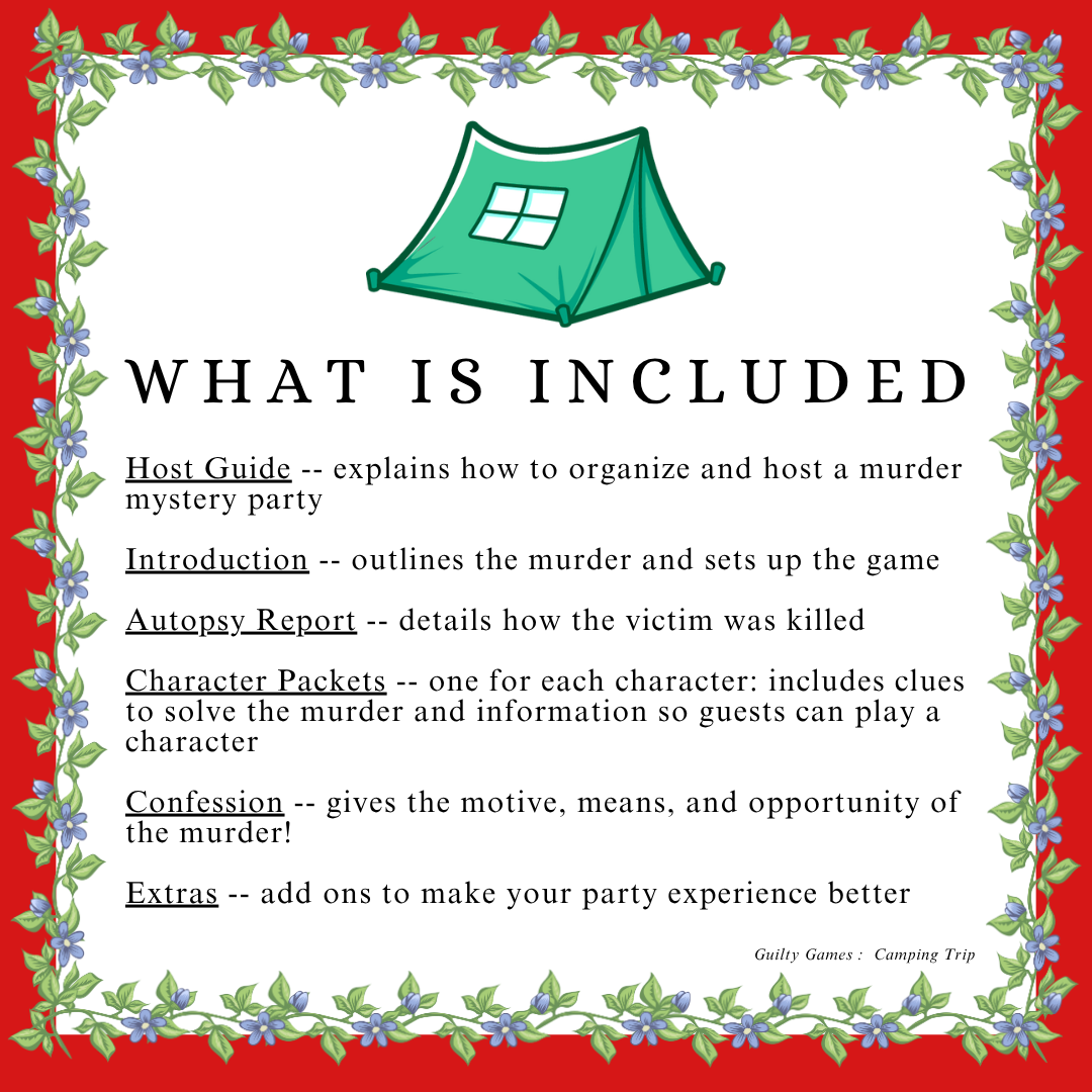 Camping Trip Murder Mystery Party Game Kit- digital files delivered via email within 24 hours, Game for Girl Scout Troop