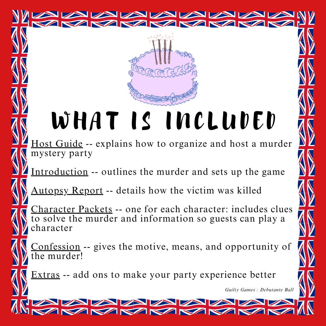 A list of Items included in a debutante murder mystery party game