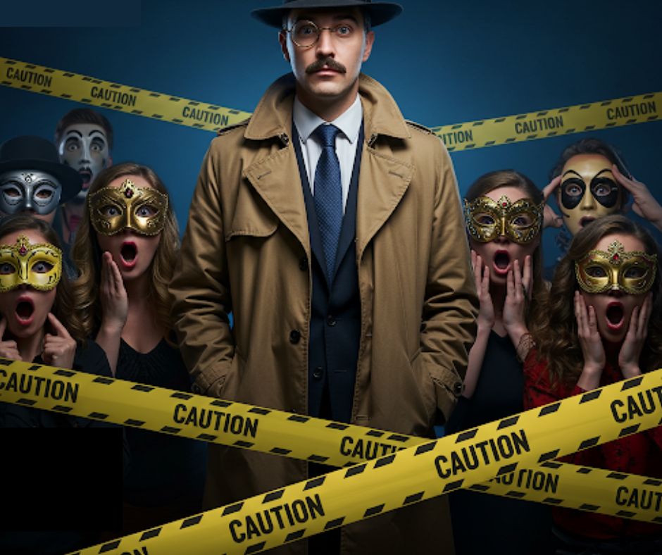 A serious-looking detective in a trench coat and fedora stands near a marked off crime scene, examining evidence at a murder mystery investigation. The scene is filled with police tape, scattered clues, and a dimly lit urban backdrop.