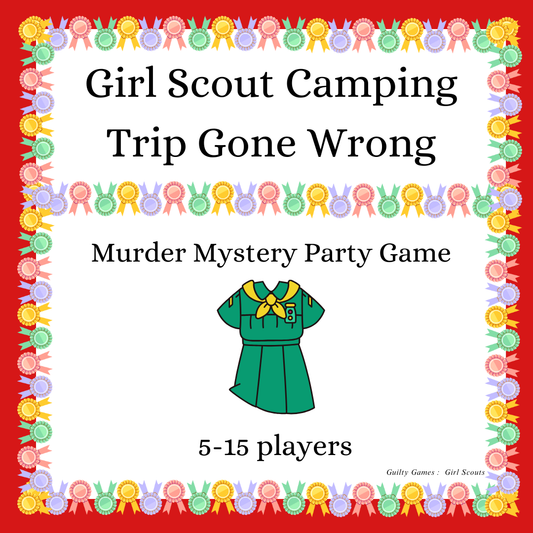 Girl Scout uniform with badges for girl scout camping trip gone wrong murder mystery party game kit