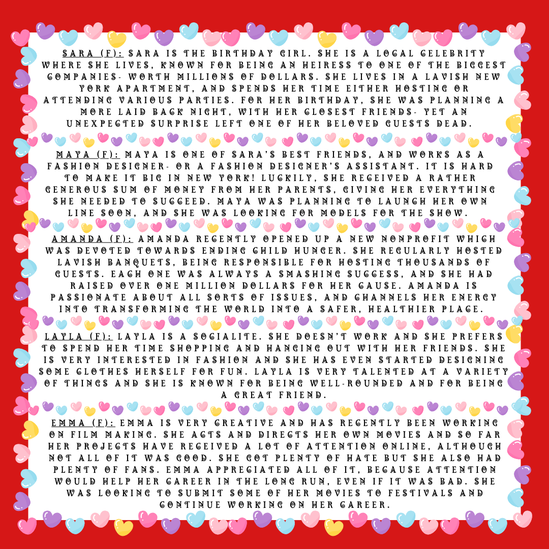 sample character descriptions separated by colorful heart border and red background