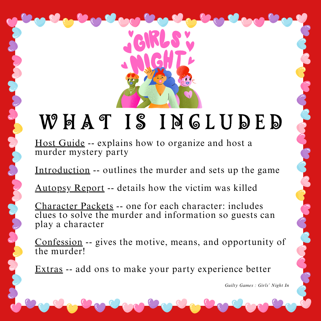 girls night heart graphic with heart border, red background, and what is included sample text