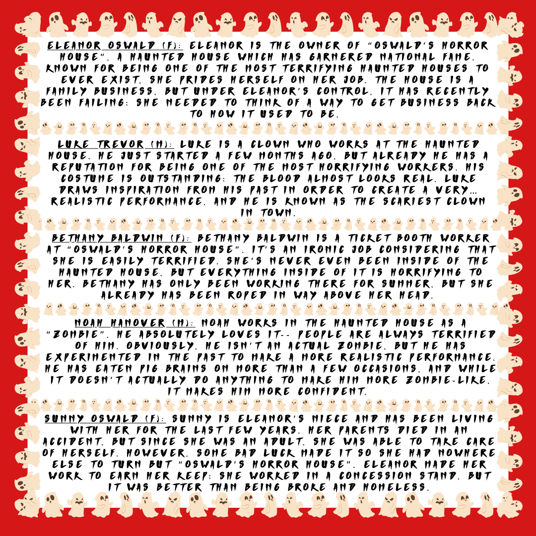 a ghost border and red background with text giving sample character descriptions for haunted house murder mystery