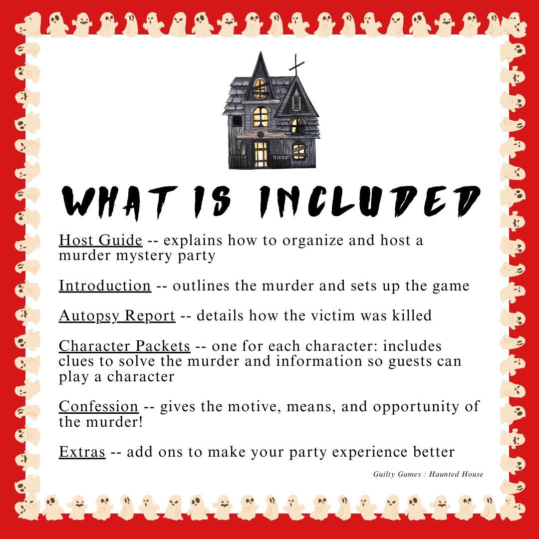 a spooky haunted house on top of text reading "what is included" with a ghost border and red background