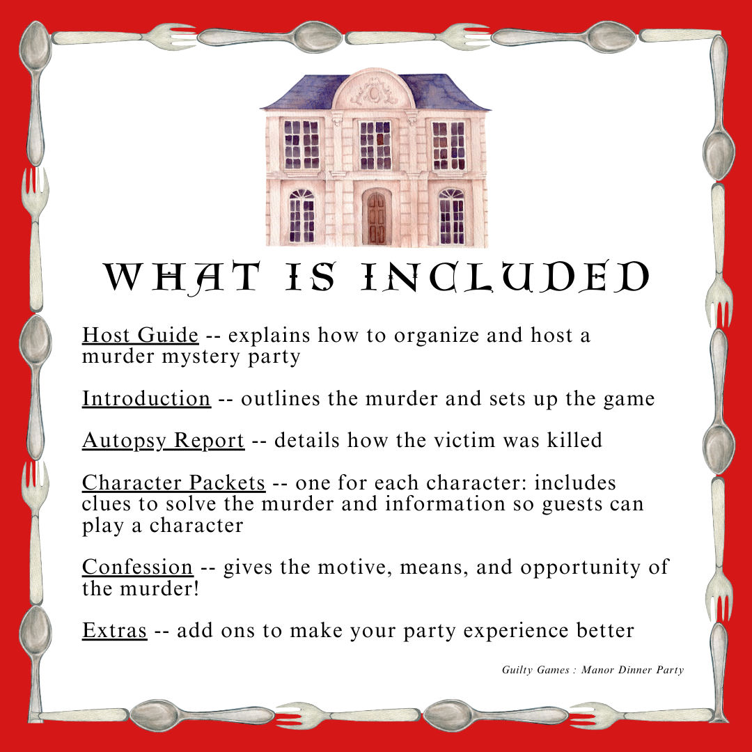 a manor clipart with text listing what comes in murder mystery party game with cutlery border and red background