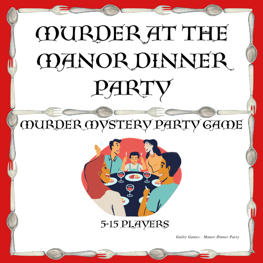 A group of dinner party guests with cutlery border and red background and manor murder mystery text
