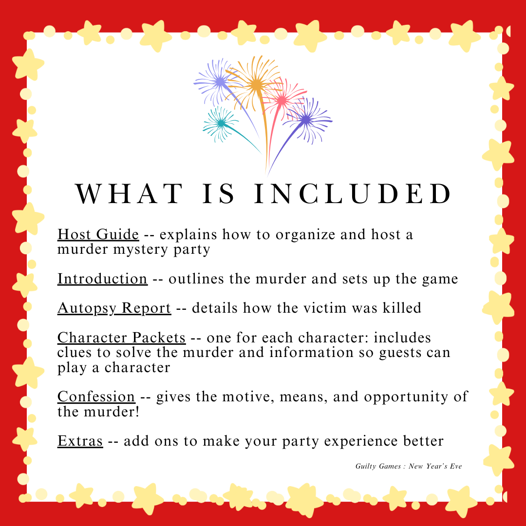 Fireworks on red background with star border and text outlining murder mystery party kit contents