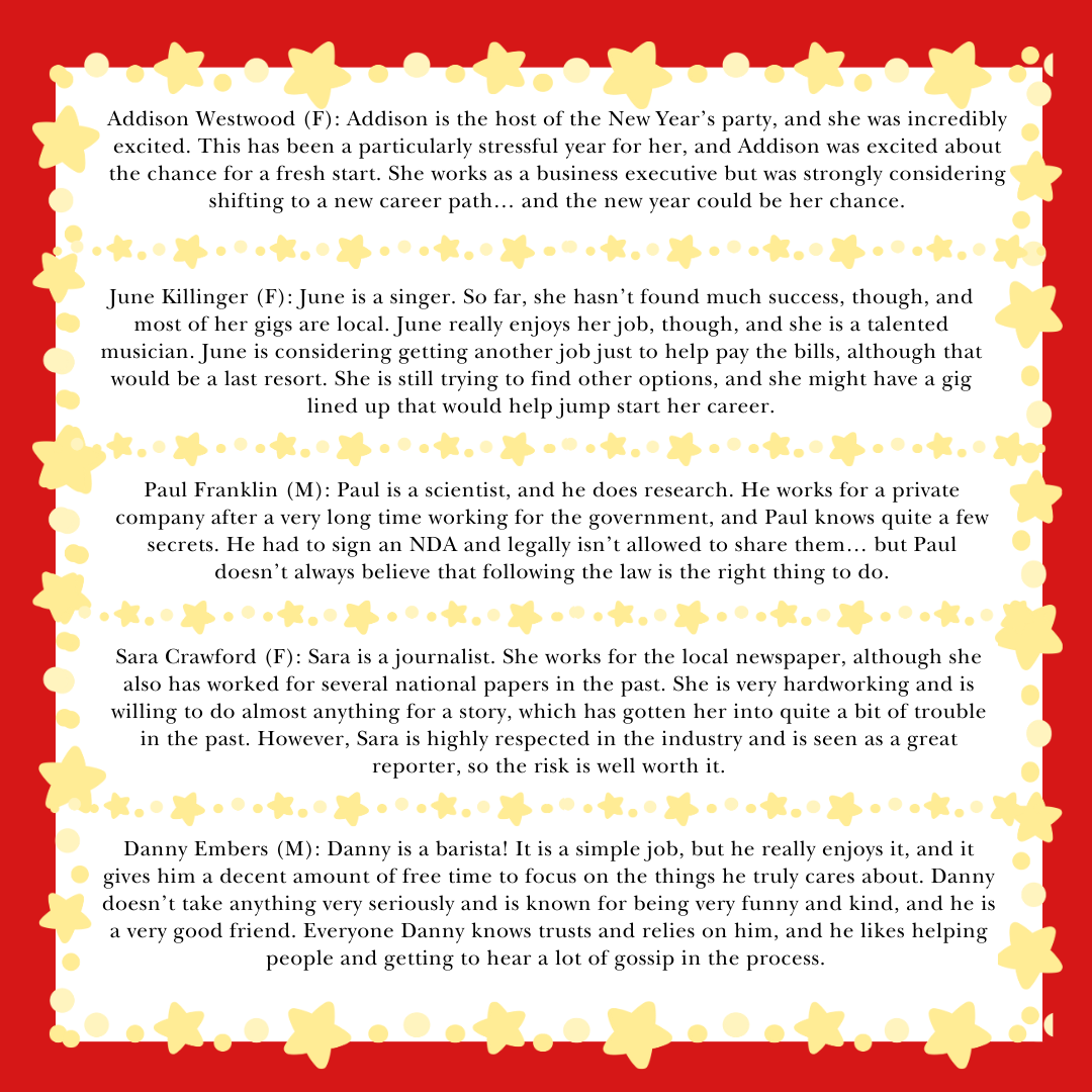 Red background with star border featuring murder mystery player character descriptions