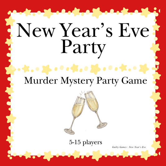 Champagne glasses clinking on red background with star border for New Year's murder mystery party