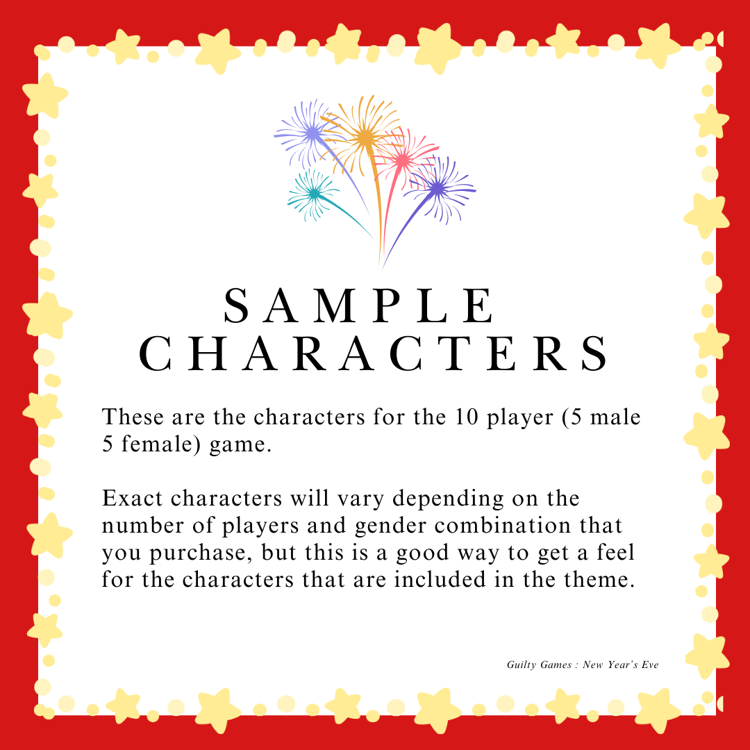 Fireworks over red background with star border and sample murder mystery character text
