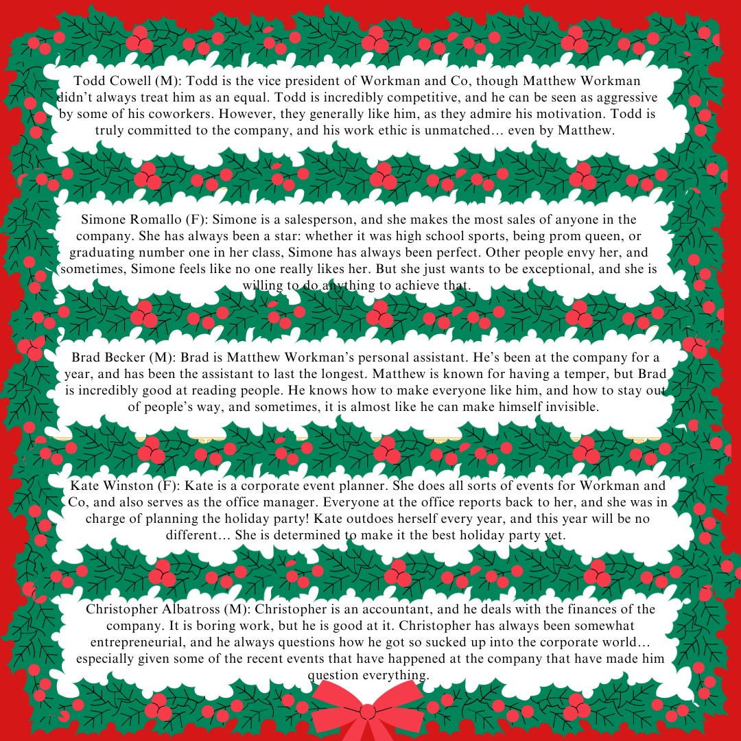Green wreath border and red background with text of sample characters from office holiday party mystery