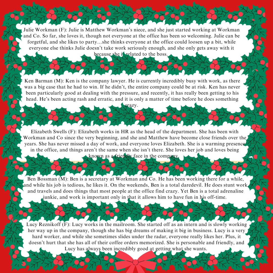 Green wreath border and red background with text of sample characters from office holiday party mystery