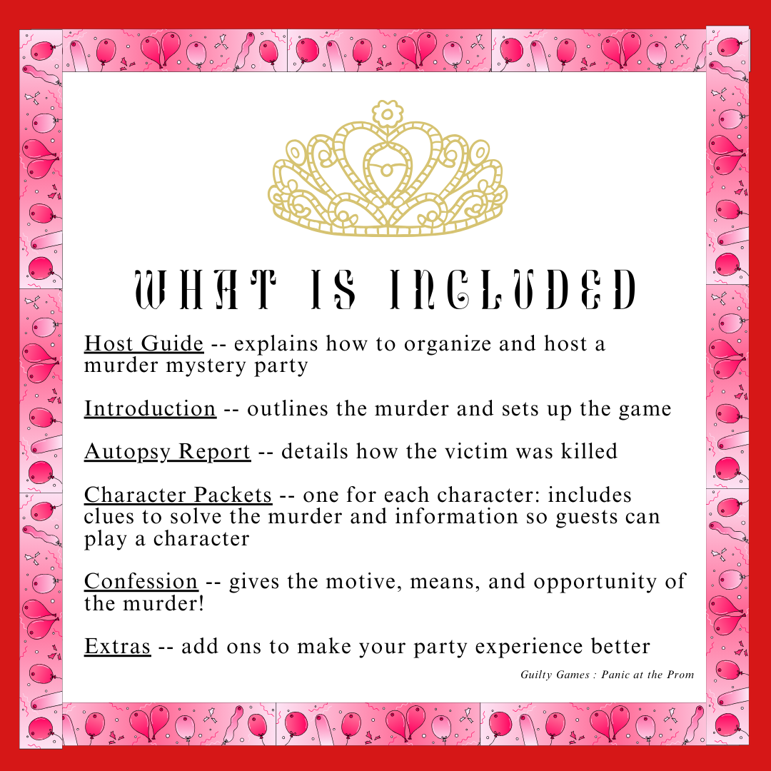 a tiara about text reading "what is included" with a pink balloon ombre border and red background