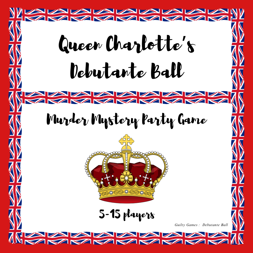 A crown in front of british flag for queen charlotte's debutante ball murder mystery game product image