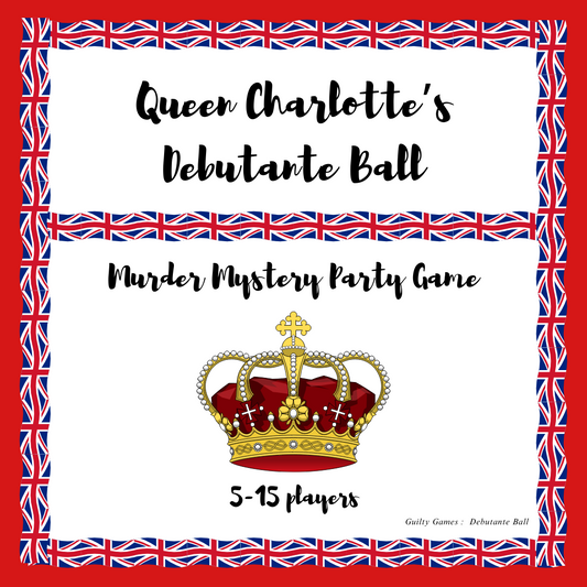 A crown in front of british flag for queen charlotte's debutante ball murder mystery game product image