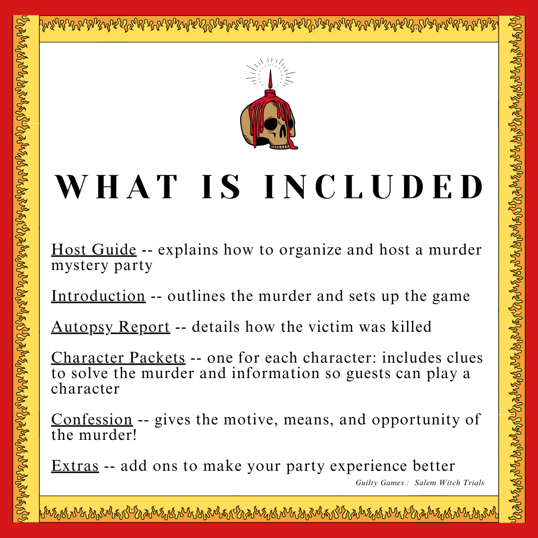 skull candle, flame border and red background with text about contents of murder mystery party game