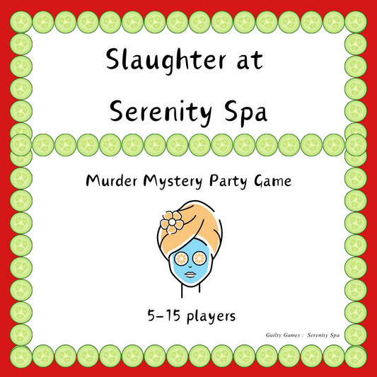 A woman with lemons on her eyes, a facemask, and her hair wrapped in a tower surrounded by cucumber slices and product information for the slaughter at serenity spa murder mystery party game