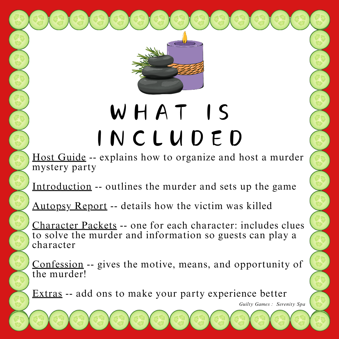 Text describing the content of the digital murder mystery party game with rocks and a candle graphic above the text and a border of cucumber slices