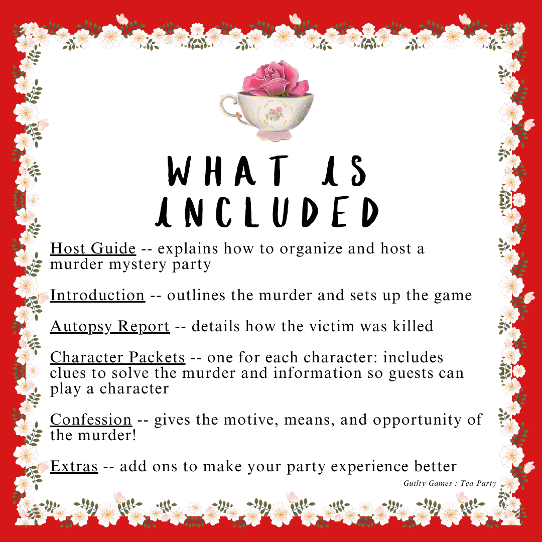 Tea Party Murder Mystery Party Game - digital files delivered via email - Guilty Games