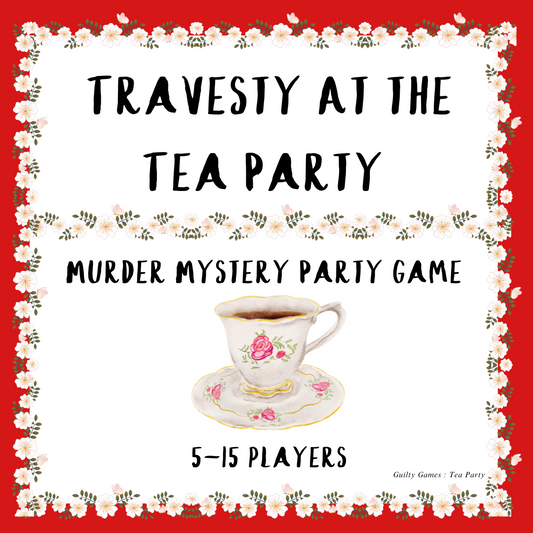 A floral teacup surrounded by flowers and the product information for Travesty at the Tea Party murder mystery game