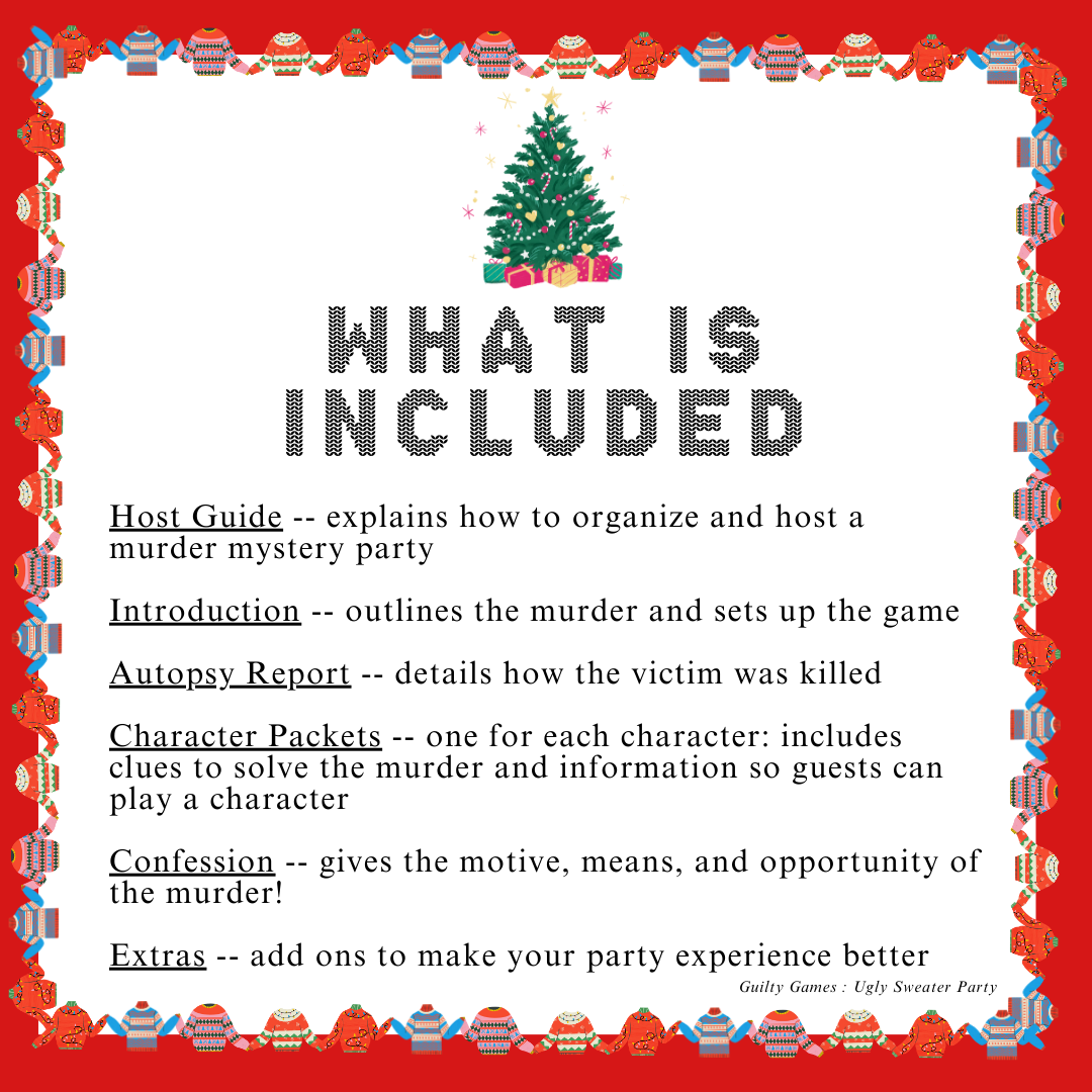ugly sweater border and red background with christmas tree and text of what is included in digital murder mystery party game