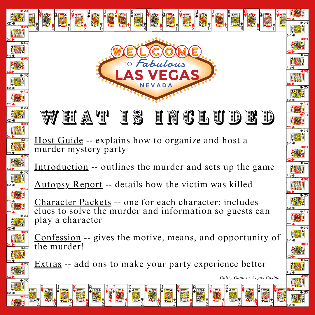text of what is included in vegas casino murder mystery party kit with welcome to las vegas sign clipart, playing card border, and red background