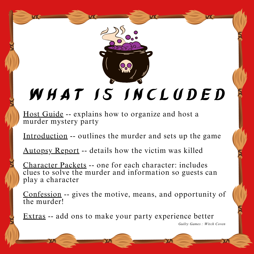 Witch Coven Murder Mystery Party Game - digital files delivered via email - Guilty Games