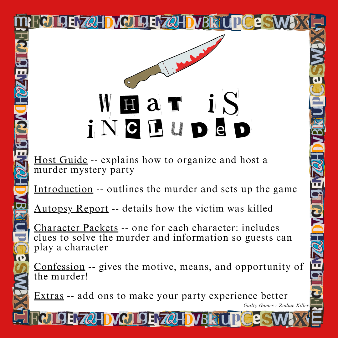 Zodiac Killer Murder Mystery Party Game - digital files delivered via email - Guilty Games