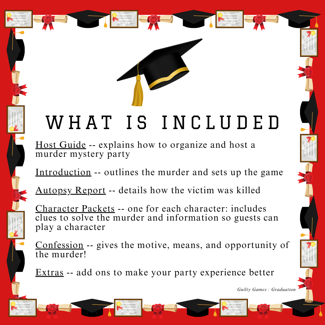 a graduation cap with gold tastle and text explaining what is included in murder mystery party game with red background and diploma and grad cap border