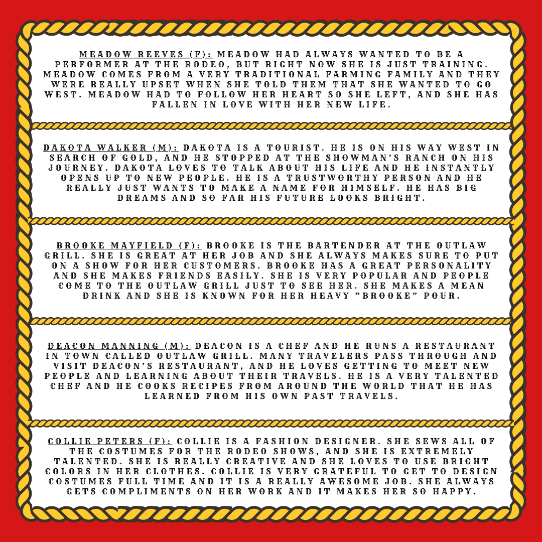 blocks of text describing wild west mystery sample characters separated by rope border with red background