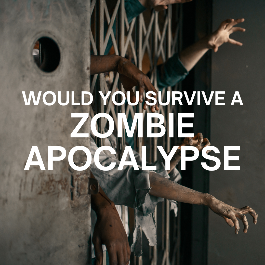 text over metal fence with creepy zombie arms poking through it