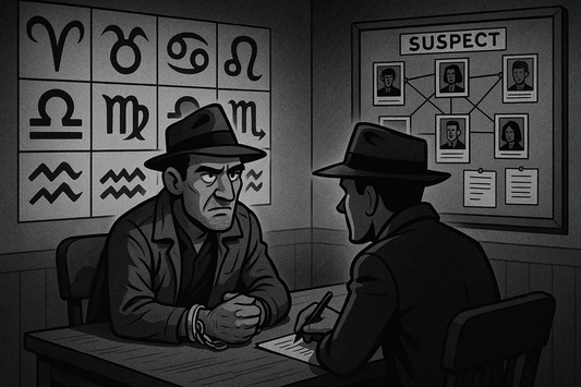 a noir style detective sits in front of a hancuffed suspect with a suspect board and zodiac signs behind him