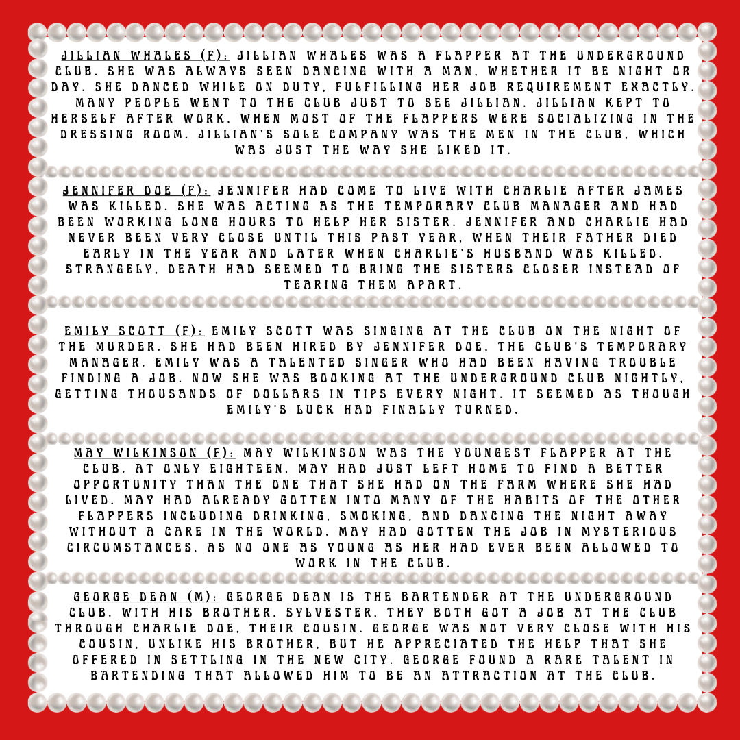 text listing five sample characters for flapper mystery with pearl border and red background