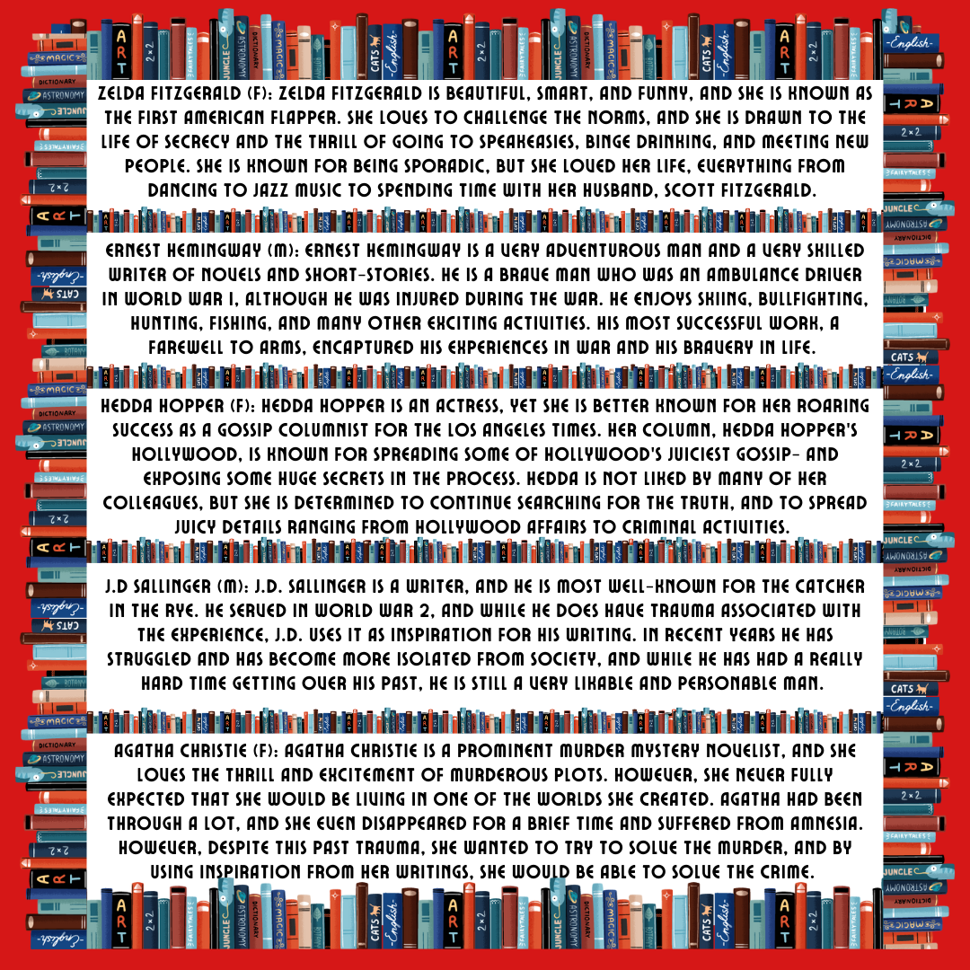 text detailing sample characters of different authors with a book border and red background