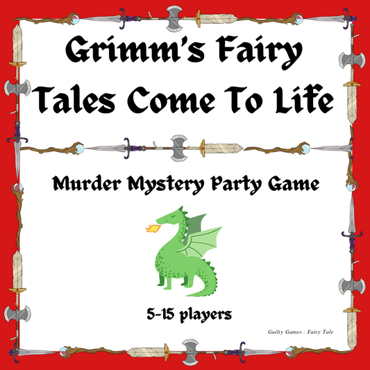 a dragon blowing fire with fantasy weapon border, red background, and grimm's fairy tale text