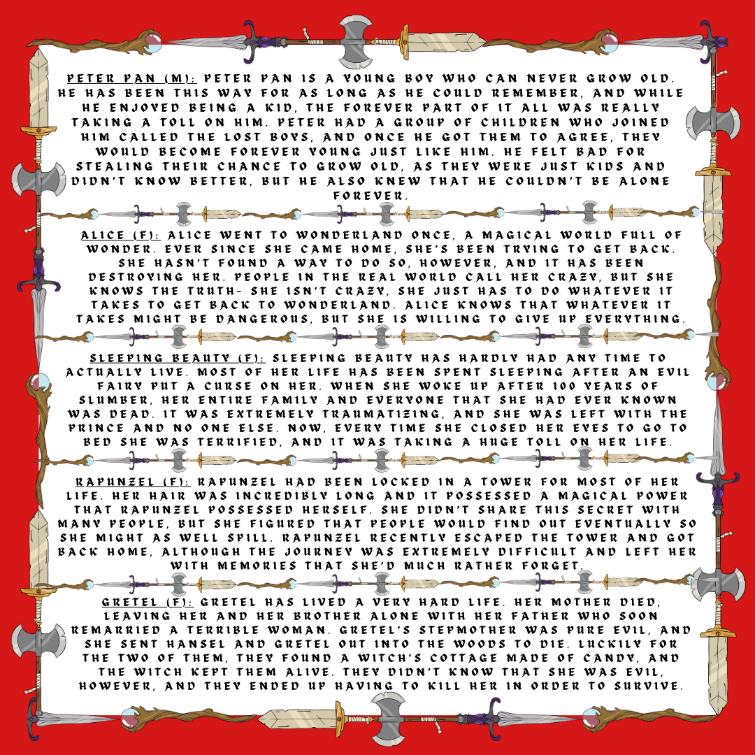 fantasy weapon border and red background with text of different fairy tale characters descriptions