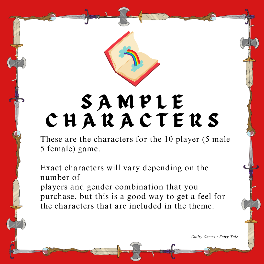 an open book with a rainbow coming out of the pages above sample character text, with fantasy weapon border and red background
