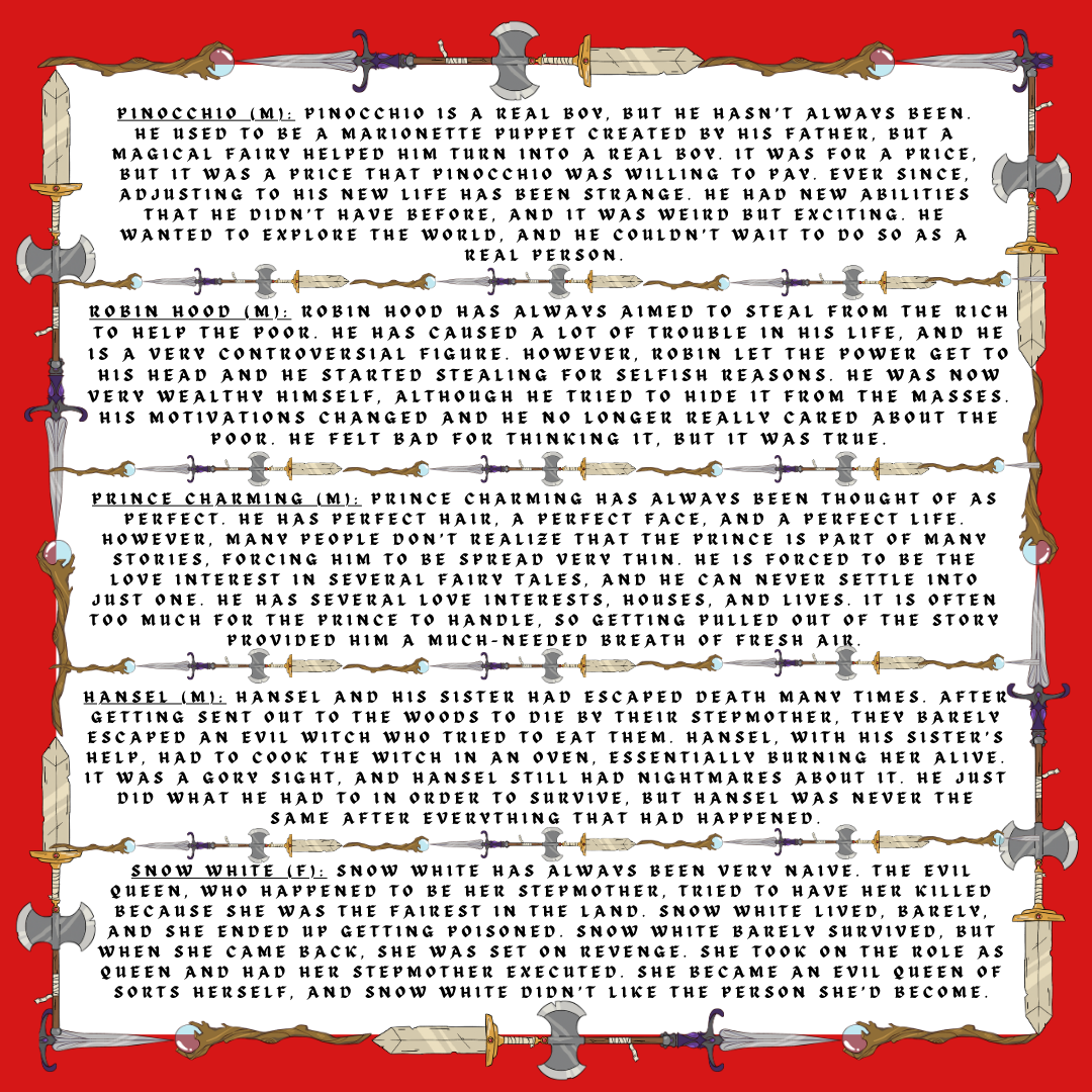 fantasy weapon border and red background with text of different fairy tale characters descriptions