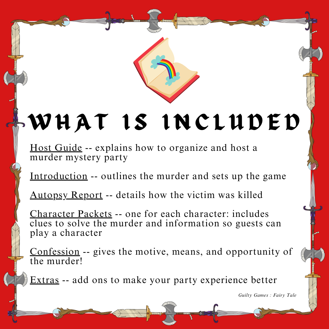 fantasy weapon border and red background with text of what comes in fairy tale murder mystery party game with open book with rainbow coming out of the pages