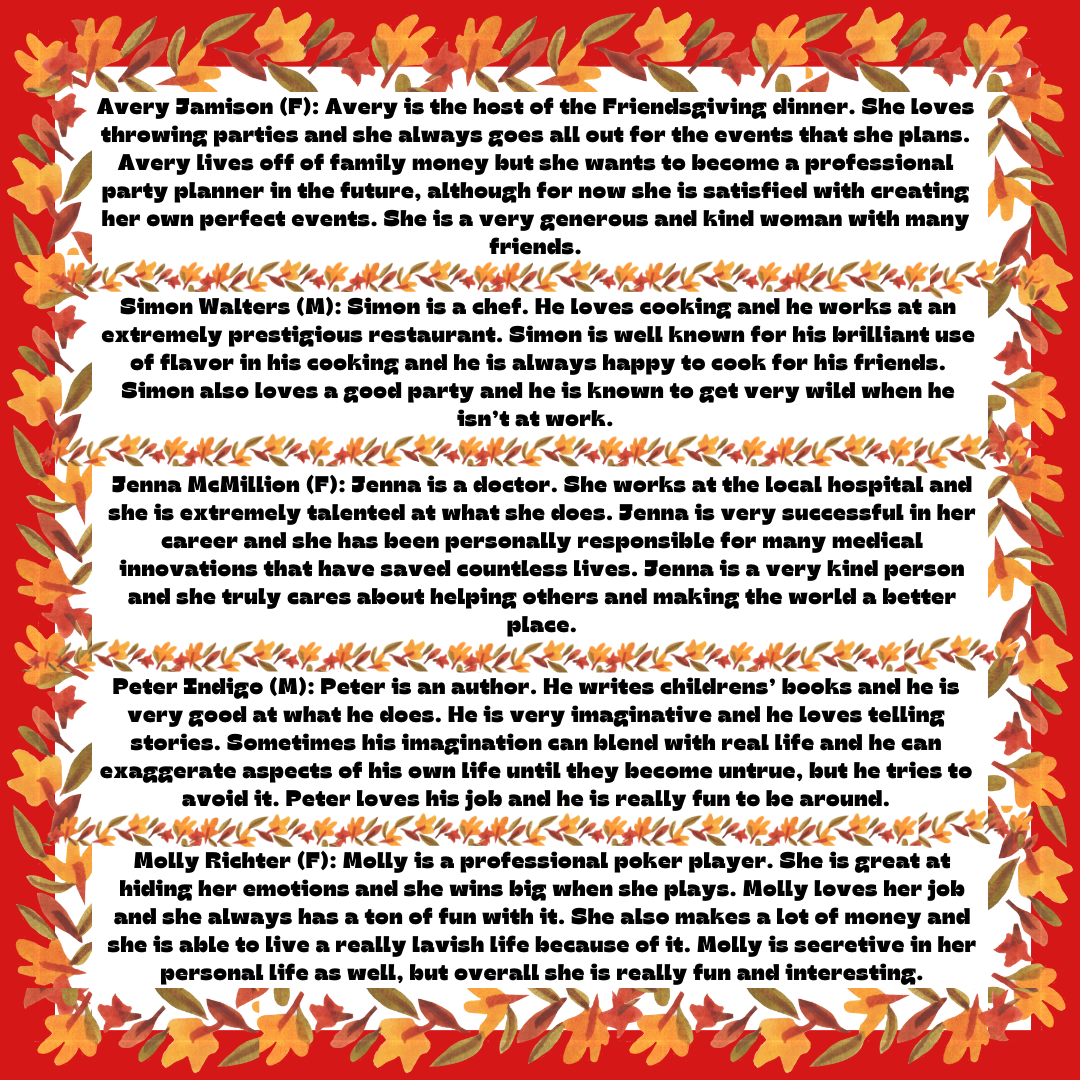 text giving character descriptions for five sample characters for the friendsgiving murder mystery game with a red background and autumn leaf border