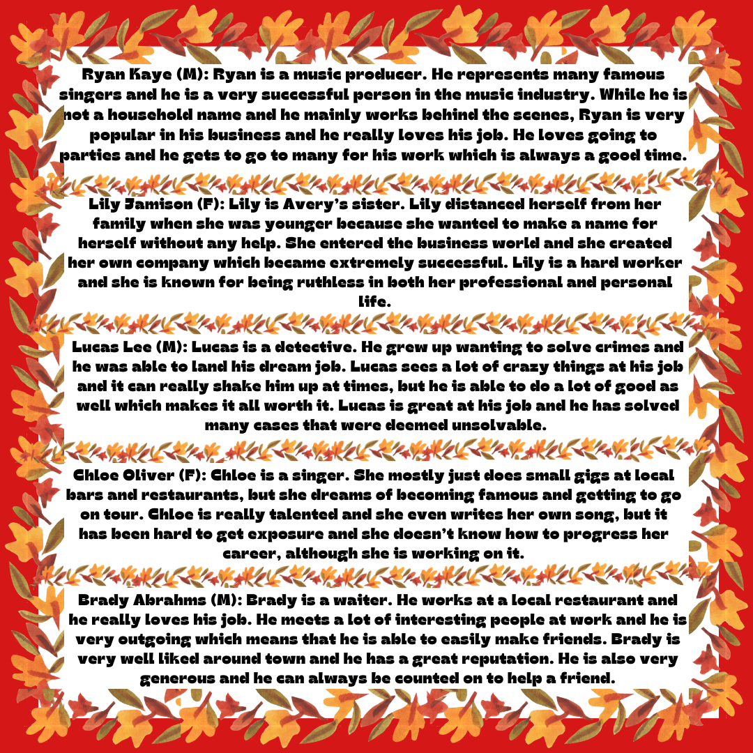 text giving character descriptions for five sample characters for the friendsgiving murder mystery game with a red background and autumn leaf border