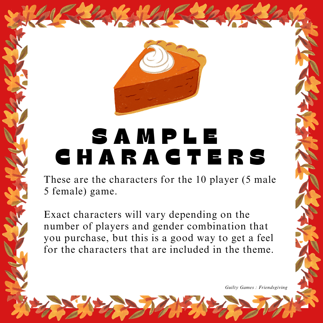 a clipart slice of pumpkin pie above text reading "sample characters" explaining there are 10 sample characters for the game with a red background and autumn leaf border