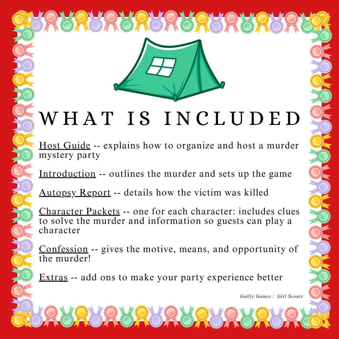 Girl Scouts Camping Trip Murder Mystery Party Game Kit- digital files delivered via email within 24 hours, Game for Girl Scout Troop