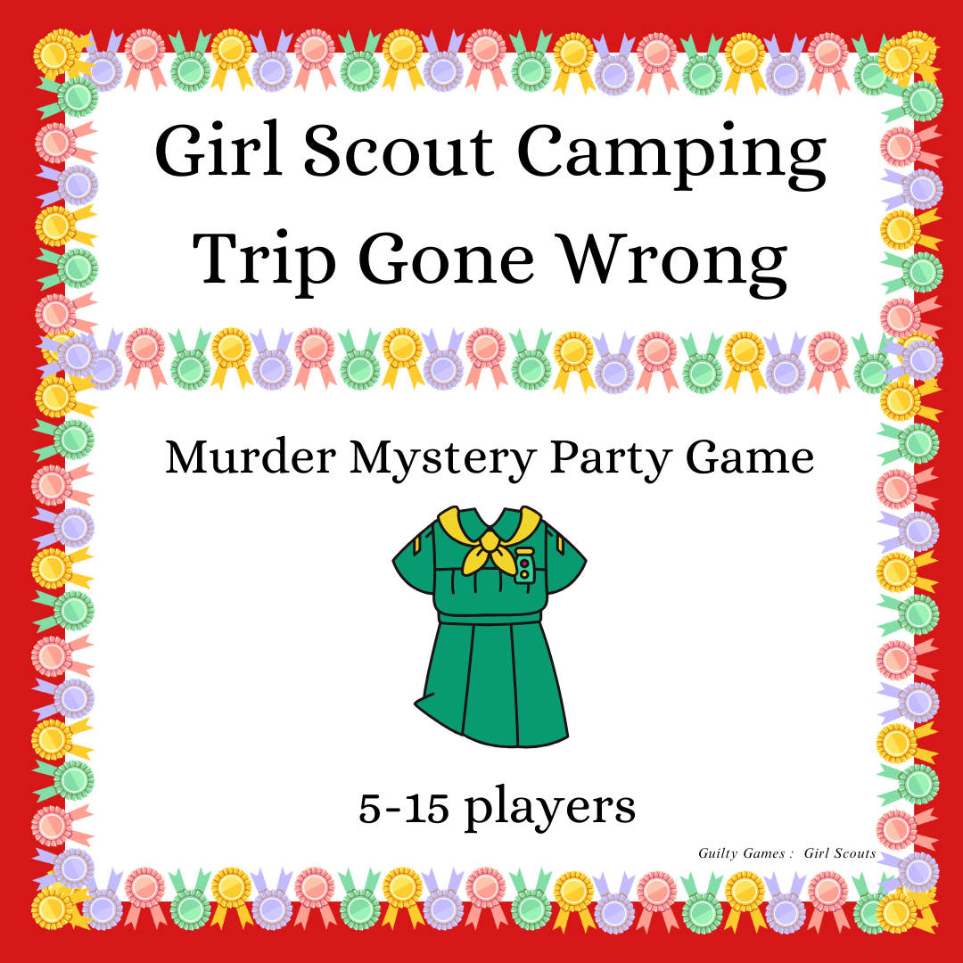 Girl Scout uniform with badges for girl scout camping trip gone wrong murder mystery party game kit
